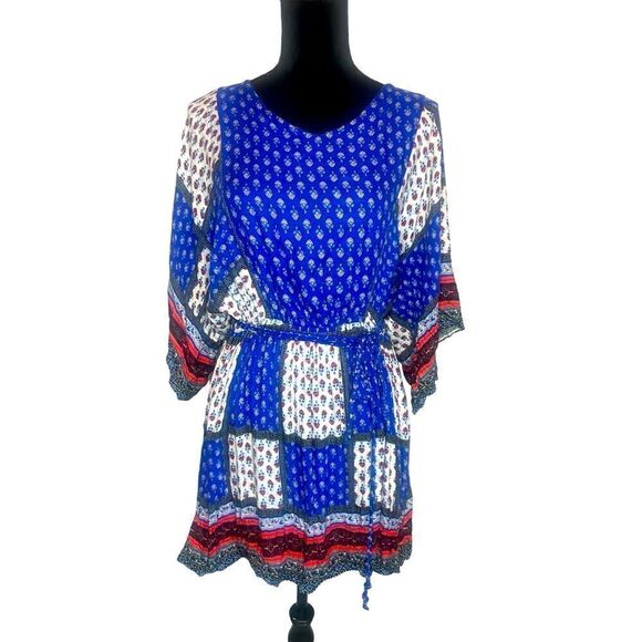 AMERICAN EAGLE OUTFITTERS BOHEMIAN PATCHWORK BLUE PRINTED MINI DRESS SIZE SMALL - Picture 1 of 12